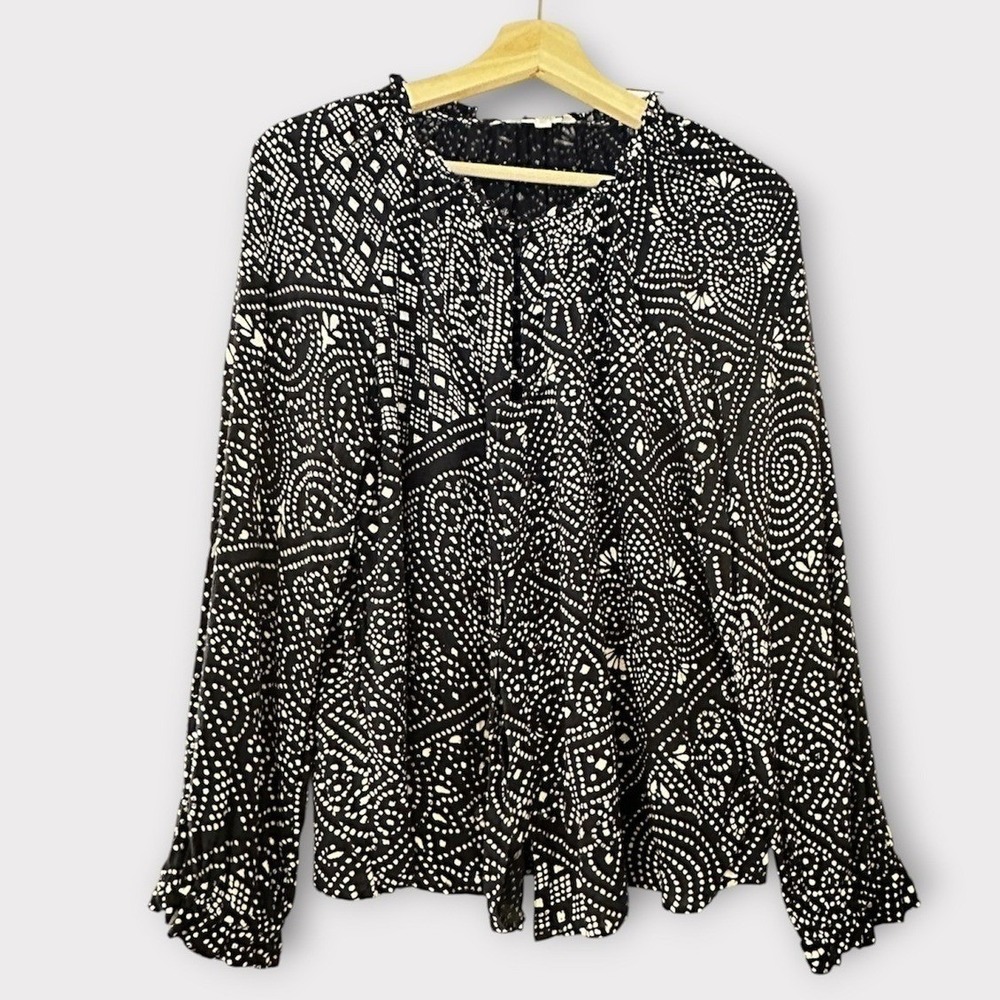 Lucky Brand Navy White Boho Geometric Peasant Style Blouse Size S